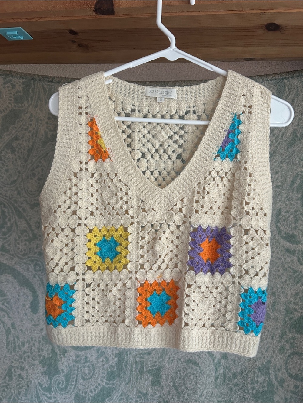 Crochet Knit V-Neck Sweater Vest in Cream with Multicolor Accents